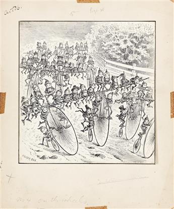 PALMER COX (1840-1924) Then back they wheeled with every spoke, An hour before the thrush awoke . . .  (BICYCLE)